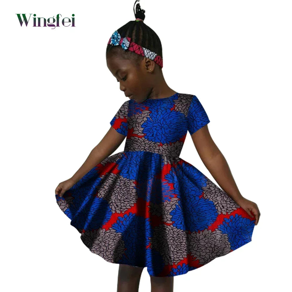African Clothes for Children Ankara Print Kids Dashiki Dresss Short Sleeve Girl Dresses Casual Kid Attire Cotton WYT60