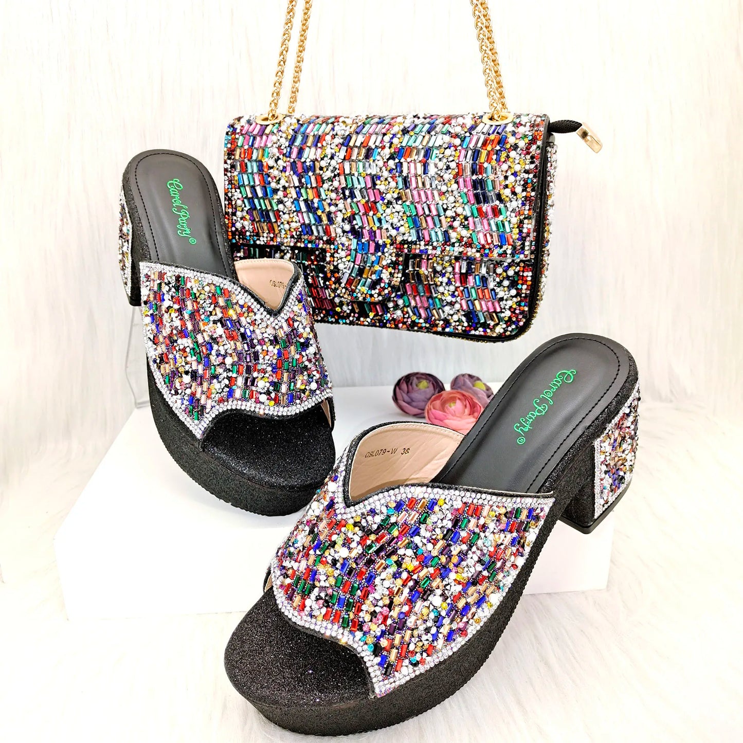 QSGFC Nigerian Peach High Heels Paired With Square Bag Rhinestone Studded Sequin Women's Sandals Are Suitable For Daily Parties
