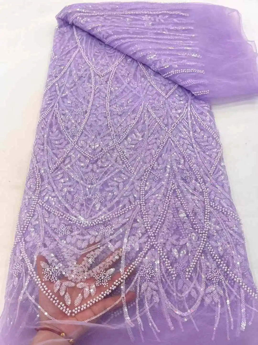 Luxury Beaded Tulle Lace Fabric 2025 High Quality French Sequin Net Sewing Hand Crystal Beads Glitter Blue African Mesh Sequence