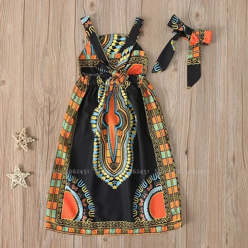Kids Girls African Bohemian Sleeveless Long Print Bazin Dress Children Ankara Danshiki Carnival Party Stage Performance Costumes