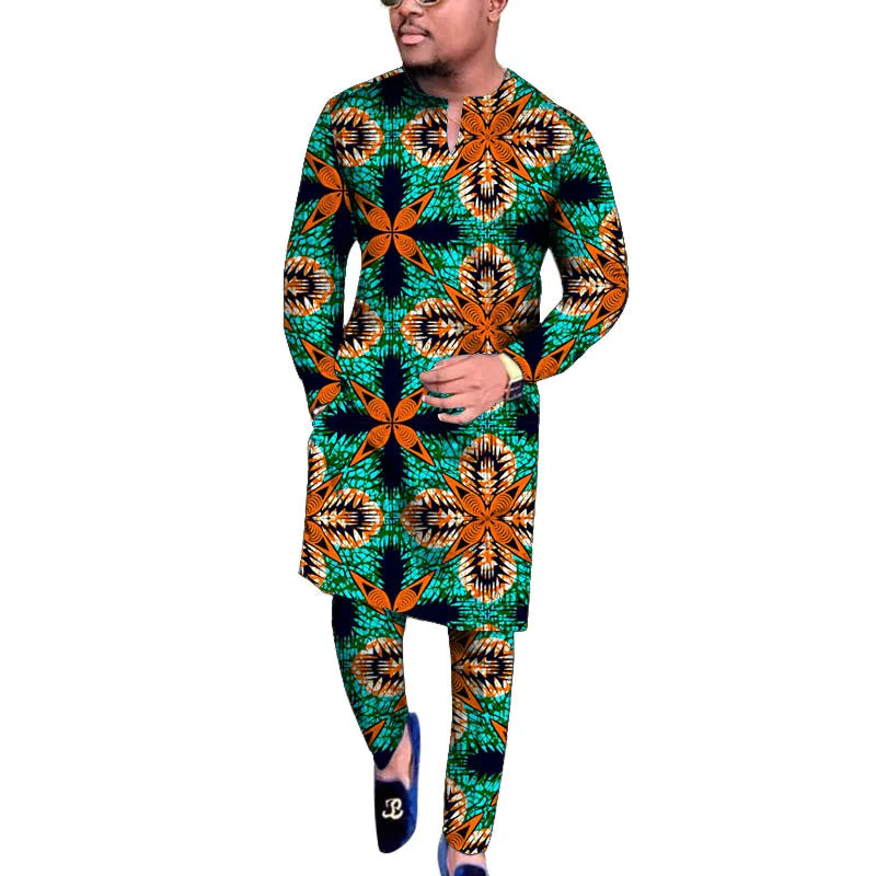 V Neck Design Tops Patch Waist Pants African Print Men's Set Tailored Nigerian Fashion Party Outfits