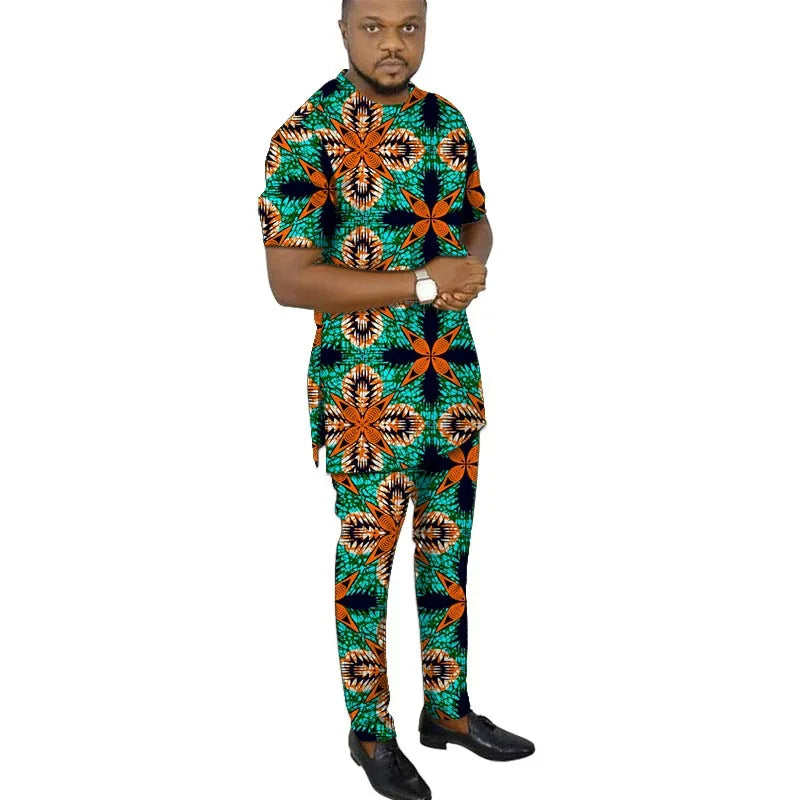 African Fashion Men's Set Outfits Short Sleeve Tops Patch Trousers Nigerian Print Male Pant Suits Party Wear Customized