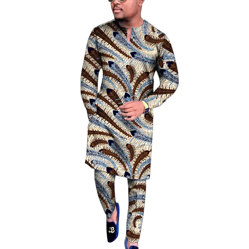 V Neck Design Tops Patch Waist Pants African Print Men's Set Tailored Nigerian Fashion Party Outfits