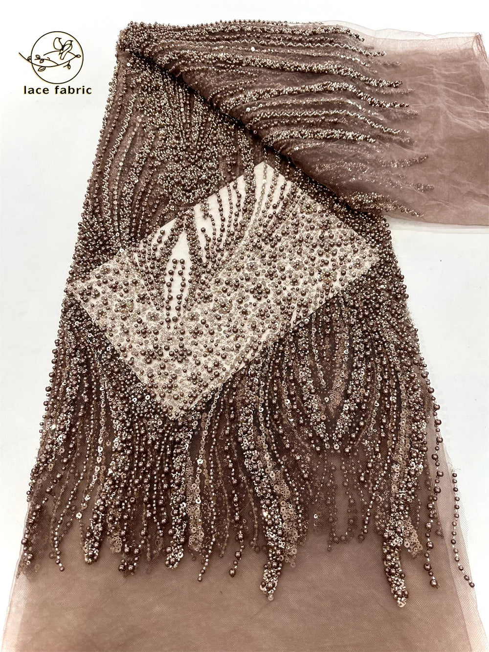 Peach Sequin Lace Fabric African Fabric Lace Wedding Dress Luxury Beaded Lace French Mesh Sequence for Party Dresses Sewing
