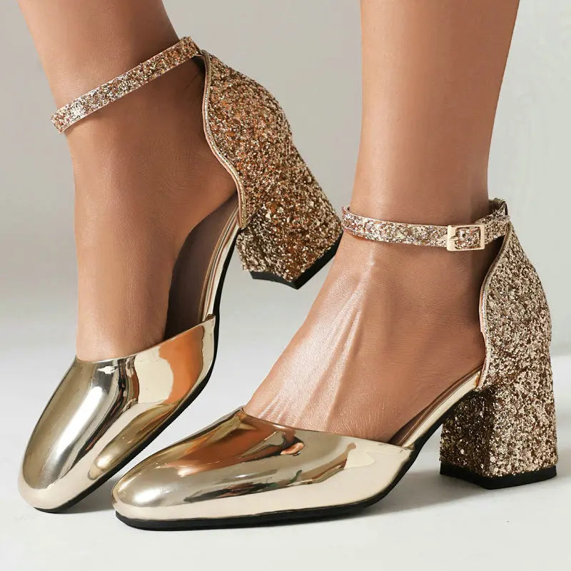 Gold Silver Glitter Sequined Bling Party Women's Bride Shoes Closed Toe Mary Janes Big Size 13 47 48 Chunky Square Heels Sandals