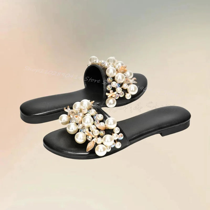 Pearl Decor Black Sole Open Toe Slippers Slip On Women Shoes Low Top Novel Fashion Comfort Party Feast Zapatos Para Mujere