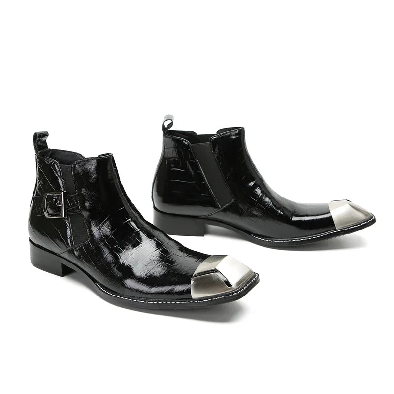 Handmade Men Real Leather Motorcycle Boot Business Plus Size Square Toe Casual Shoes Male Black Formal Party Dress Boots