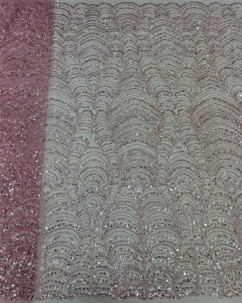 Latest Pink African Sequins Lace Fabric High Quality Lace Embroidery Beaded Mesh Fabric 5 Yards For Wedding Party Dress