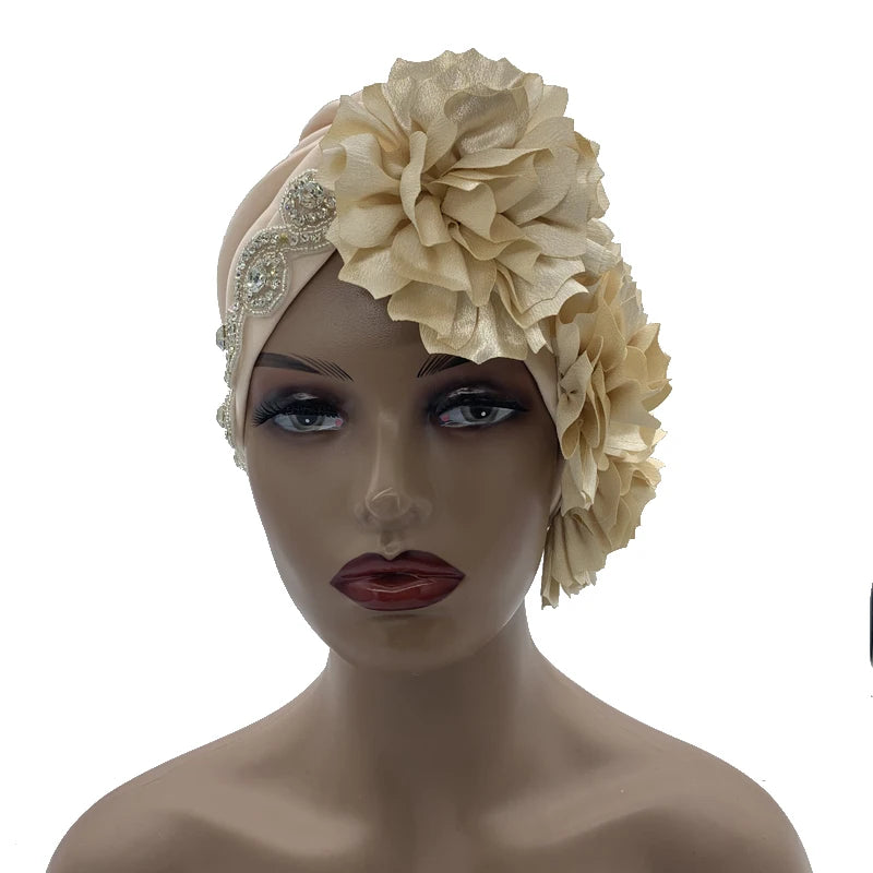 2023 Rhinestones Turban Hat with Side Satin Ruffles Women's Wrap Head Beanies Muslim Headscarf Bonnet African autogele Headtie