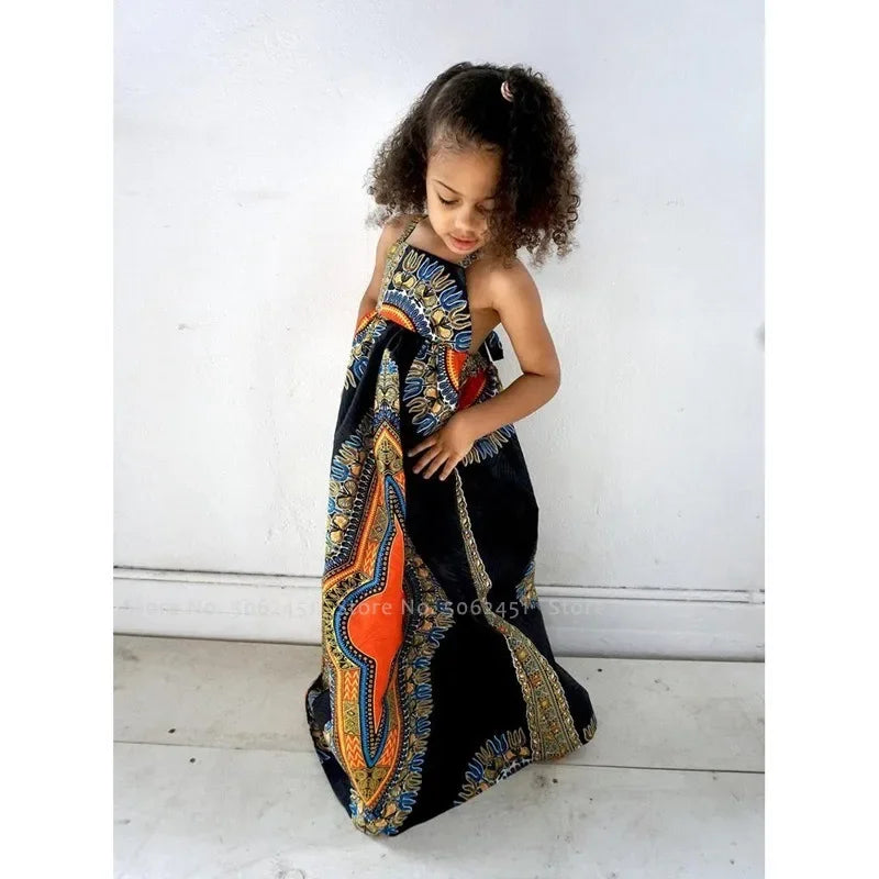 Kids Girls African Bohemian Sleeveless Long Print Bazin Dress Children Ankara Danshiki Carnival Party Stage Performance Costumes