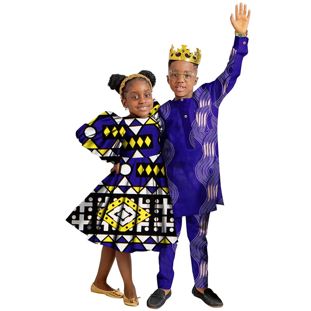 Wedding African Family Matching Outfits for Kids Sister Brother Girls Dress and Boys Pants Set Children Ankara Print Clothing