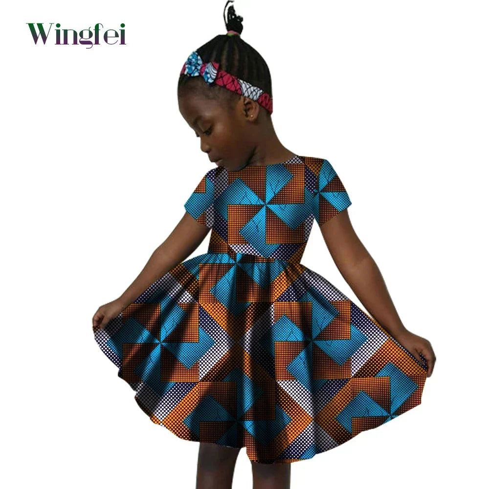 African Clothes for Children Ankara Print Kids Dashiki Dresss Short Sleeve Girl Dresses Casual Kid Attire Cotton WYT60