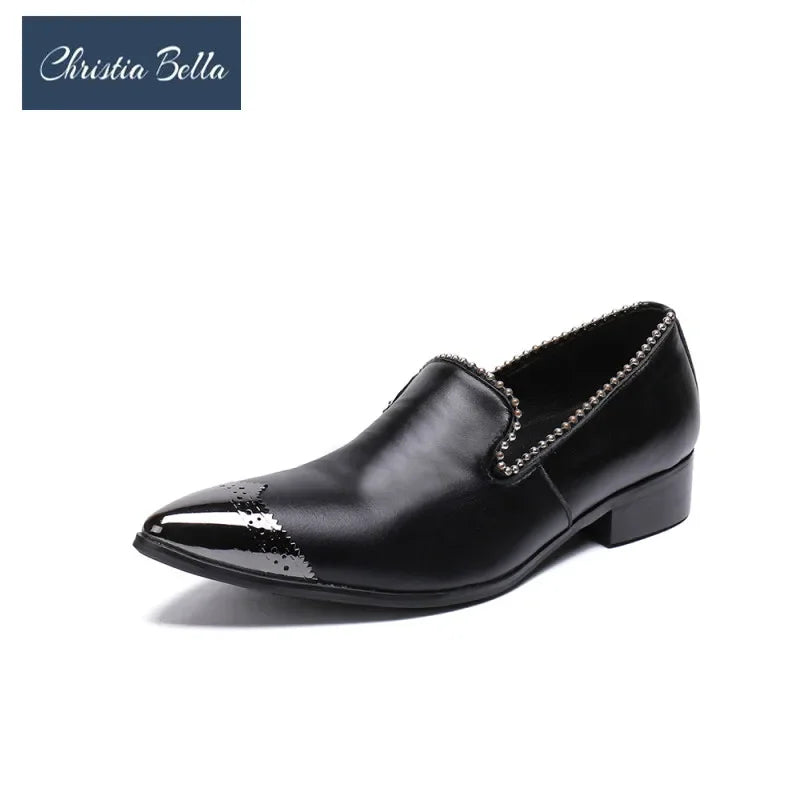 Classic Black Real Leather Men Office Casual Shoes Metal Pointed Toe Fashion Men Business Party Flat Shoes Suit Shoes Plus Size