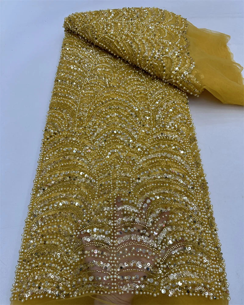 Latest Pink African Sequins Lace Fabric High Quality Lace Embroidery Beaded Mesh Fabric 5 Yards For Wedding Party Dress