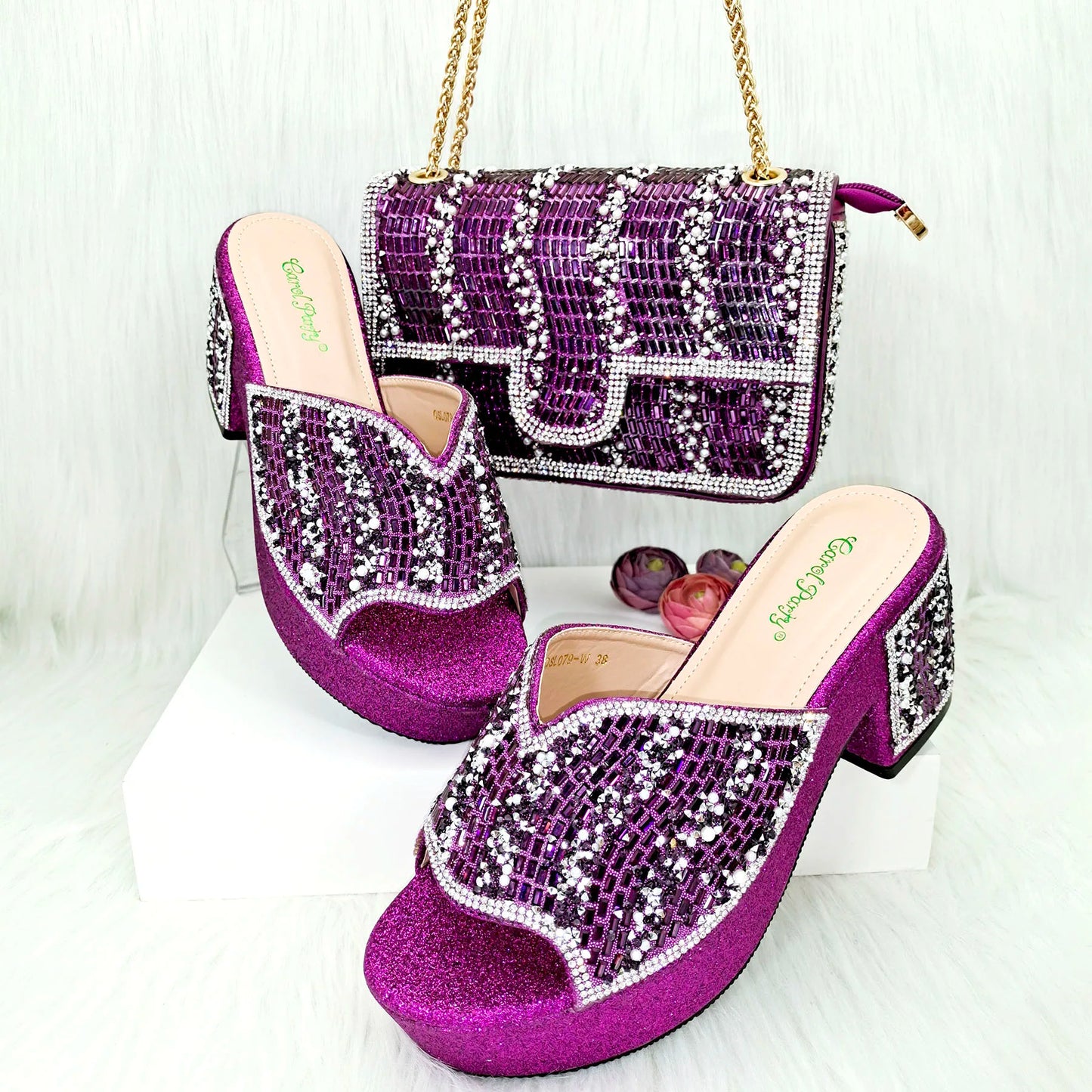 QSGFC Nigerian Peach High Heels Paired With Square Bag Rhinestone Studded Sequin Women's Sandals Are Suitable For Daily Parties