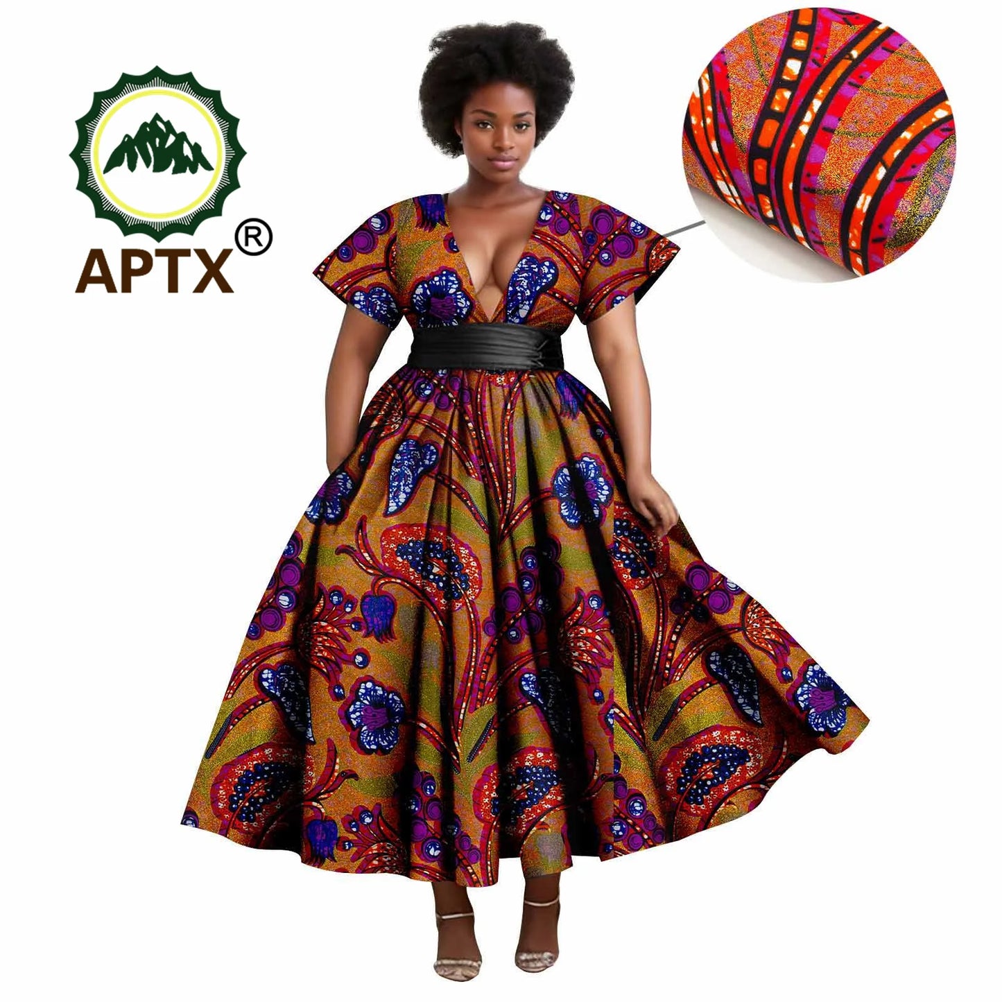 African Dresses Women's Ankara Printed Short Sleeve V-Neck With Belt And Ankle Dress Dashiki Casual Party Wedding Dresses