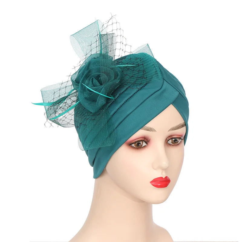 Big Flower Muslim Women Indain Hat Scarf Caps Chemo Turban Islamic Head Cover Party Evening Bonnet Pleated Vintage Elegant Hat