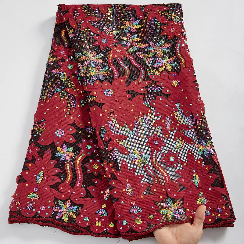 Colorful Sequins African Mesh Lace Fabric Embroidery High Quality Nigerian French Net Lace Fabrics For Wedding Party Dress 2581A