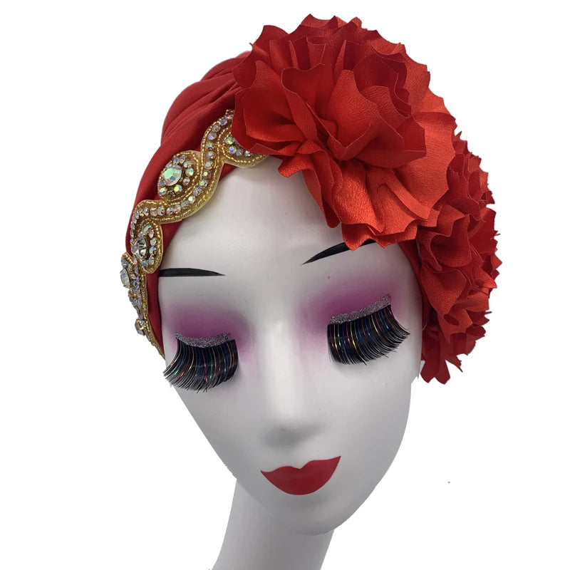 2023 Rhinestones Turban Hat with Side Satin Ruffles Women's Wrap Head Beanies Muslim Headscarf Bonnet African autogele Headtie