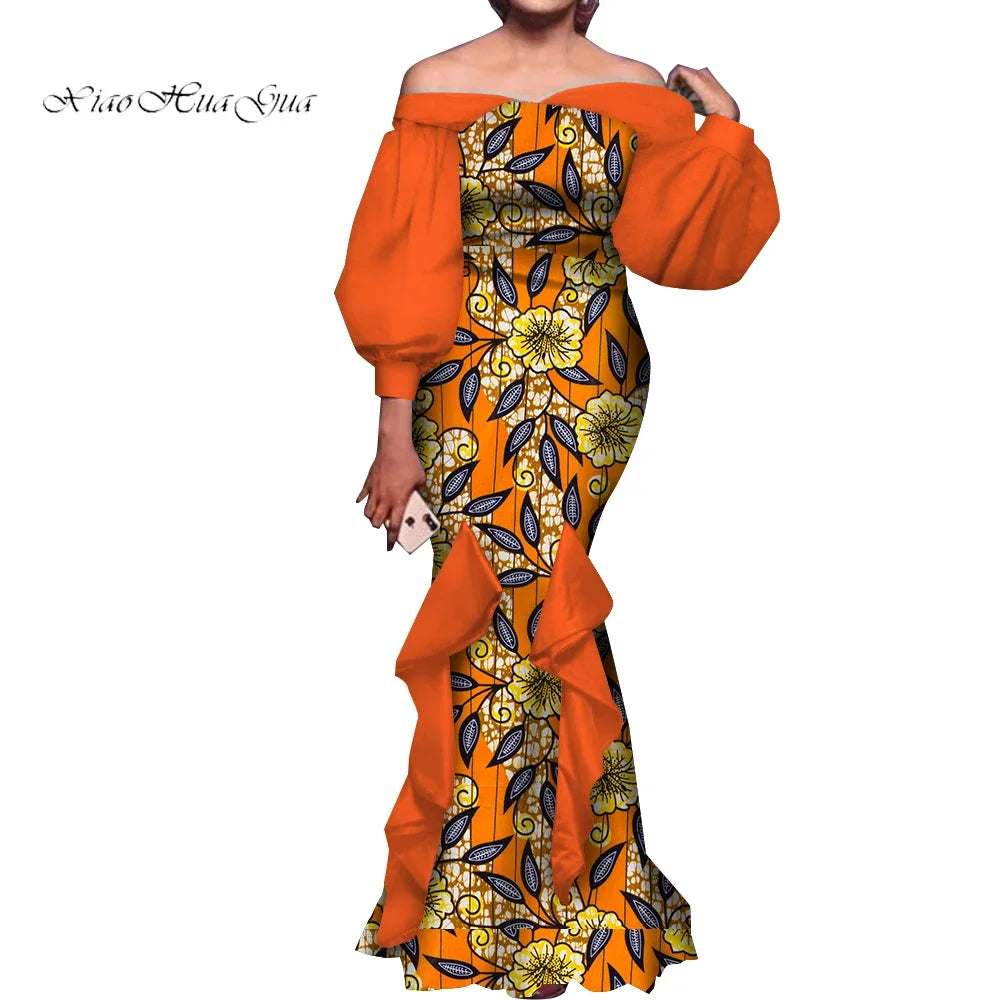 Fashion Women Ankara Dresses Flash Neck Puff Sleeve Long Dress African Dress Robe Africaine Femme Evening Mermaid Dress WY1848