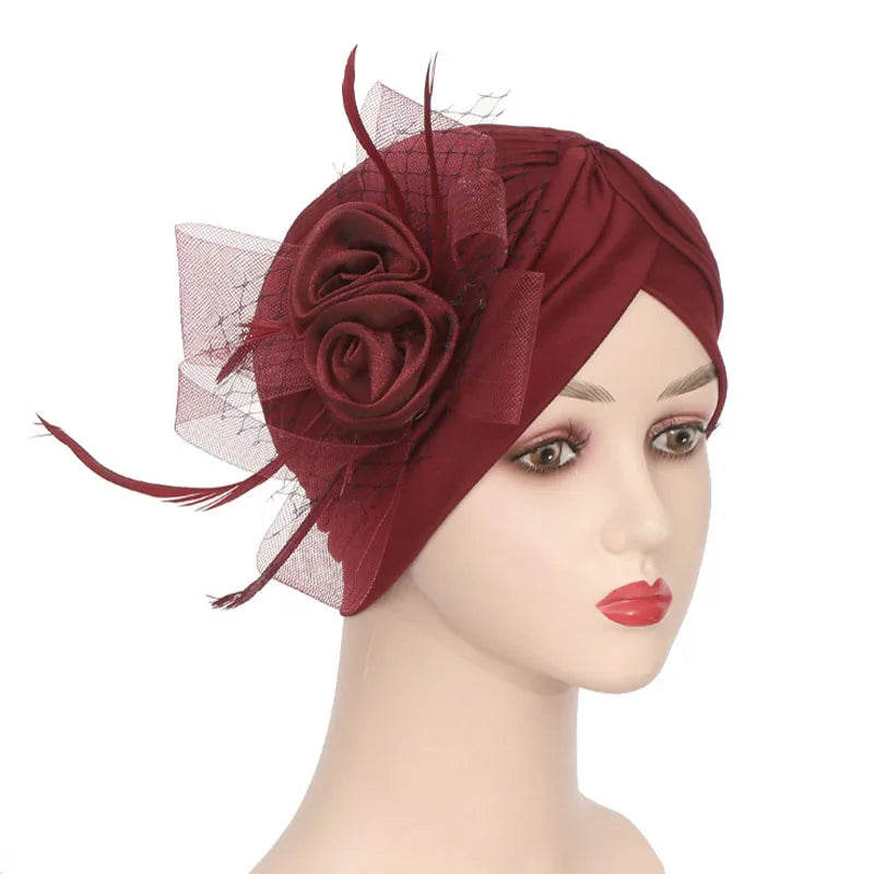 Big Flower Muslim Women Indain Hat Scarf Caps Chemo Turban Islamic Head Cover Party Evening Bonnet Pleated Vintage Elegant Hat