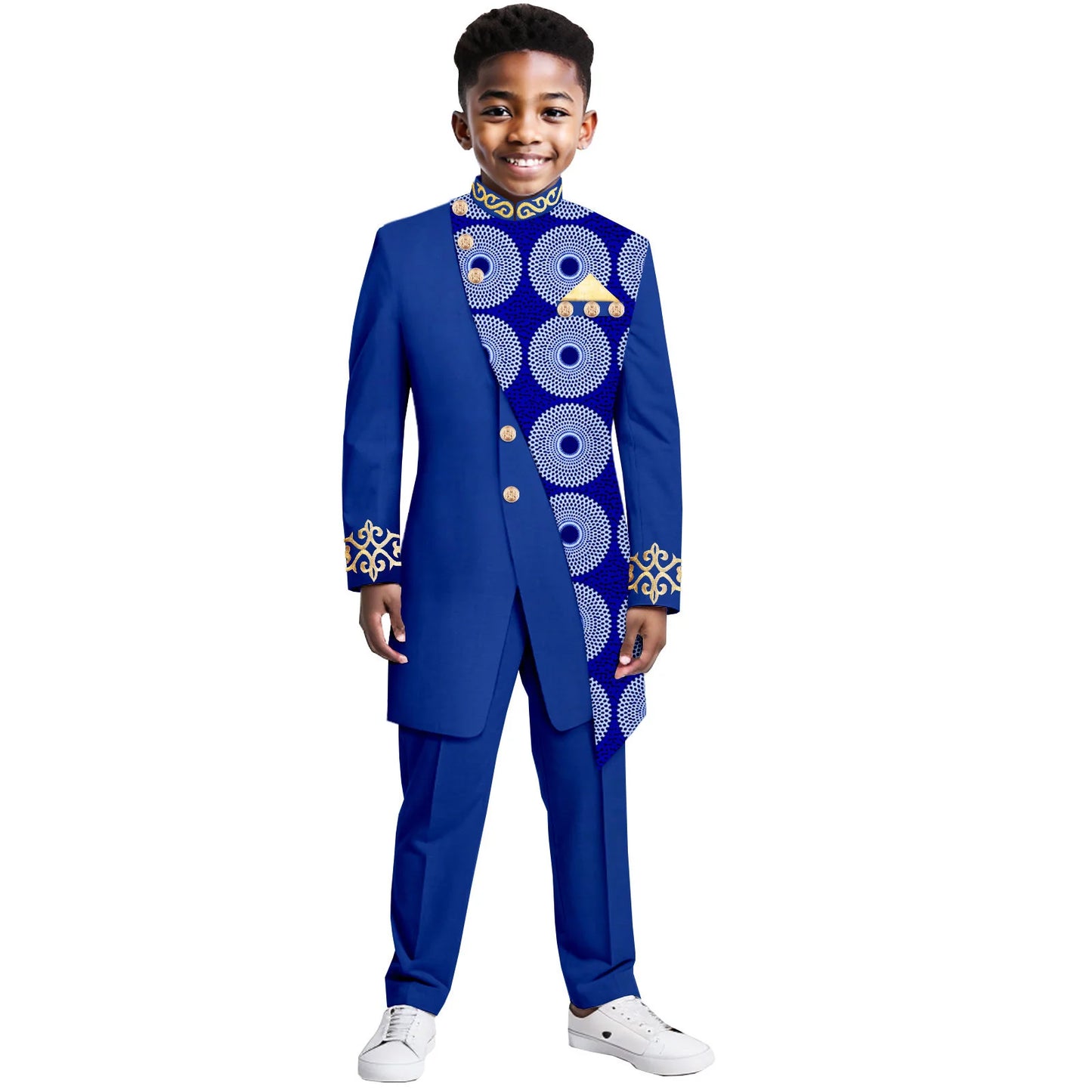 Boys Suits Wedding Tuxedo African Print Ankara Pure Cotton Jacket Pants 2 Piece Set Formal Party Fashion Dress Kids Blazer