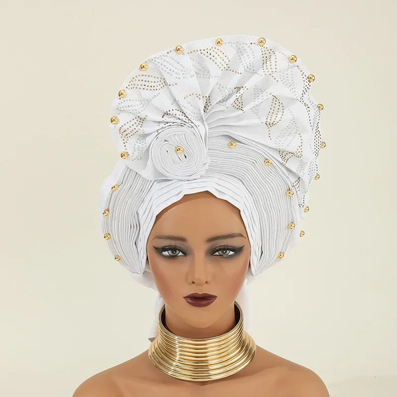 African Auto Gele Headtie Aso Oke Nigeria High Quality Bead Already Made Hijab Bonnet Headband Turban Cap Party Wedding Headgear