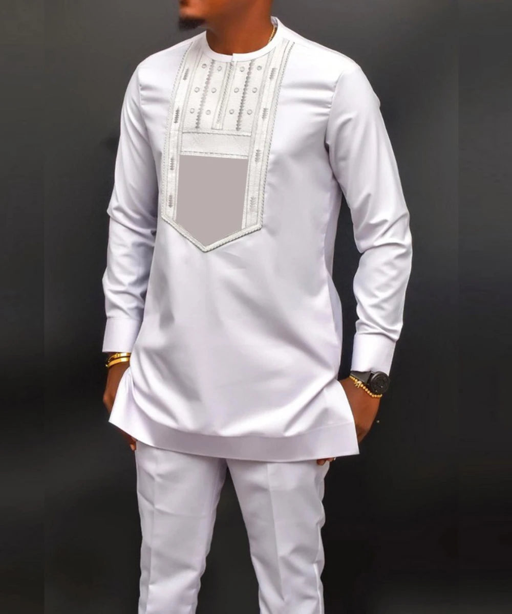 African Men Two Piece Suit Long Sleeve Round Collar Embroidery Top Shirts Pants Party Outfits Shirt Ethnic Summer Africa Simple