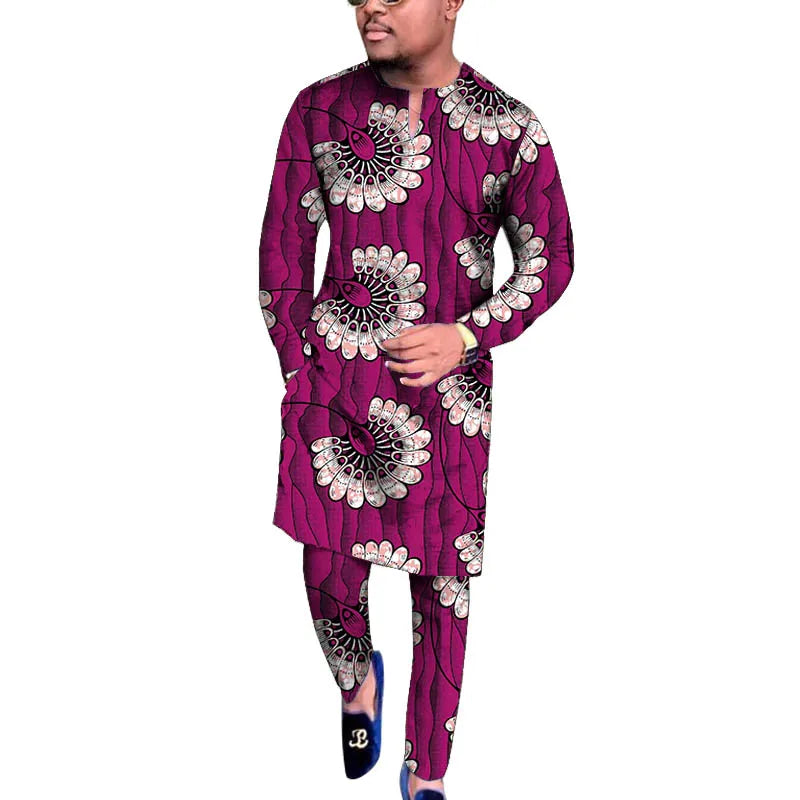 V Neck Design Tops Patch Waist Pants African Print Men's Set Tailored Nigerian Fashion Party Outfits