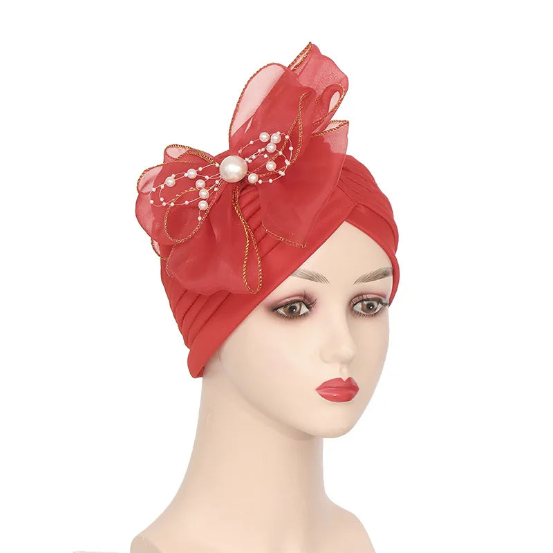 Big Flower Muslim Women Indain Hat Scarf Caps Chemo Turban Islamic Head Cover Party Evening Bonnet Pleated Vintage Elegant Hat