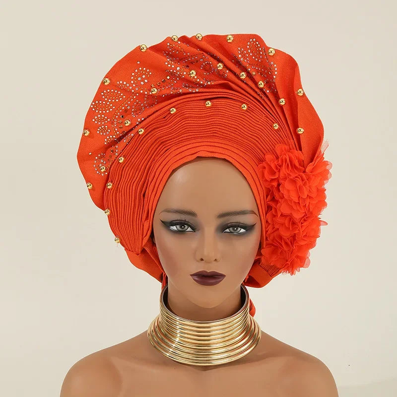 African Auto Gele Headtie Turban Cap for Women Hat Already Made 2025 Aso Oke Wedding Bonnet Head Wrap Bonnet Hijab Flower Beaded