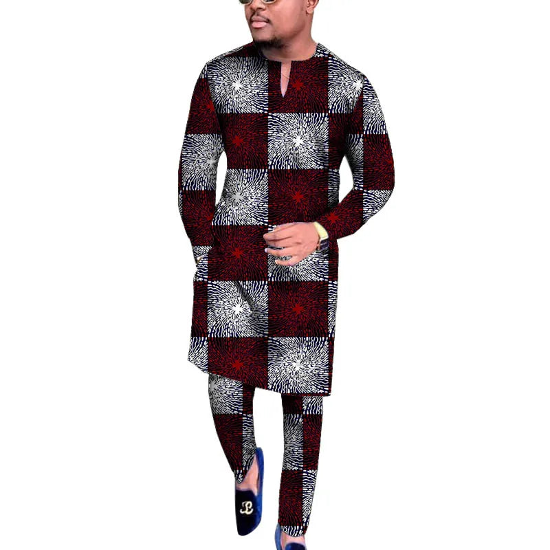 V Neck Design Tops Patch Waist Pants African Print Men's Set Tailored Nigerian Fashion Party Outfits
