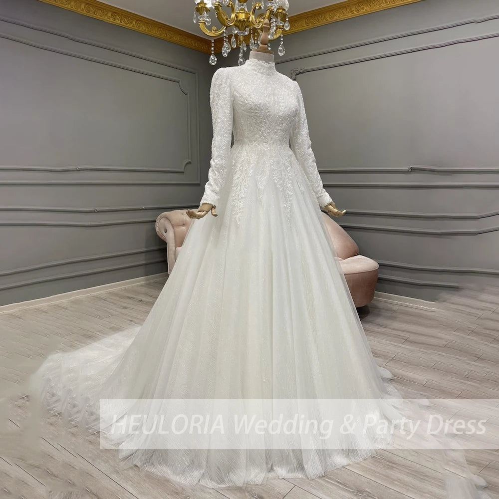 Elegant heavy lace beading Wedding Dress long sleeve high neck bride dress plus size bride Wedding Gown