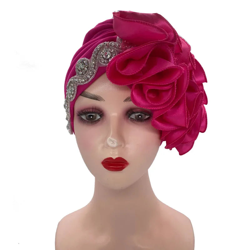 2023 Rhinestones Turban Hat with Side Satin Ruffles Women's Wrap Head Beanies Muslim Headscarf Bonnet African autogele Headtie