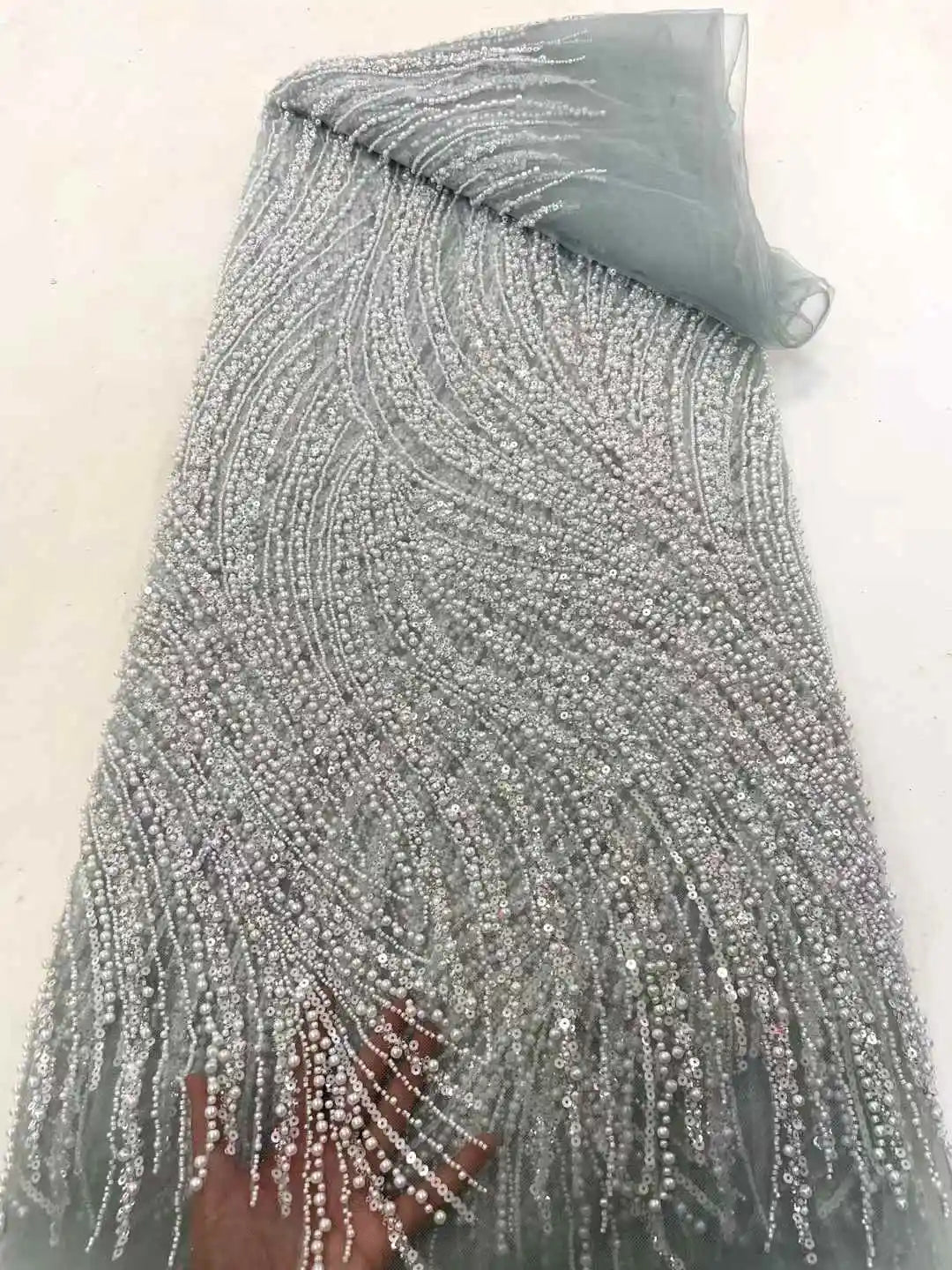 African Beads Lace Fabric 2025 High Quality Mesh Sequins Lace Embroidered French Groom Fabric For Sewing Evening Dresses Women