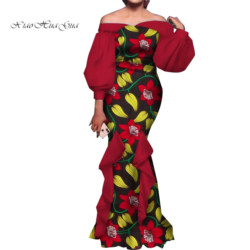 Fashion Women Ankara Dresses Flash Neck Puff Sleeve Long Dress African Dress Robe Africaine Femme Evening Mermaid Dress WY1848