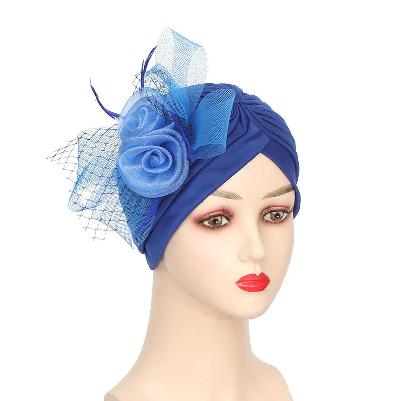 Big Flower Muslim Women Indain Hat Scarf Caps Chemo Turban Islamic Head Cover Party Evening Bonnet Pleated Vintage Elegant Hat