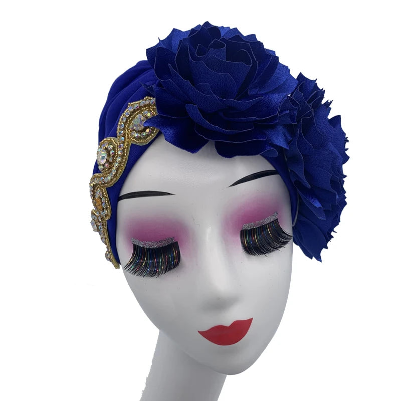 2023 Rhinestones Turban Hat with Side Satin Ruffles Women's Wrap Head Beanies Muslim Headscarf Bonnet African autogele Headtie