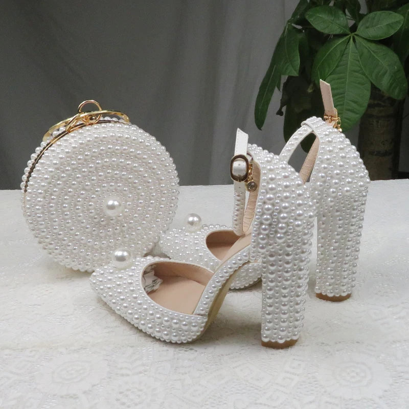 BaoYaFang White Pearl women wedding shoes And Bags Bride High heels shoes ladies party dress shoes woman Sweet Fashion Pumps