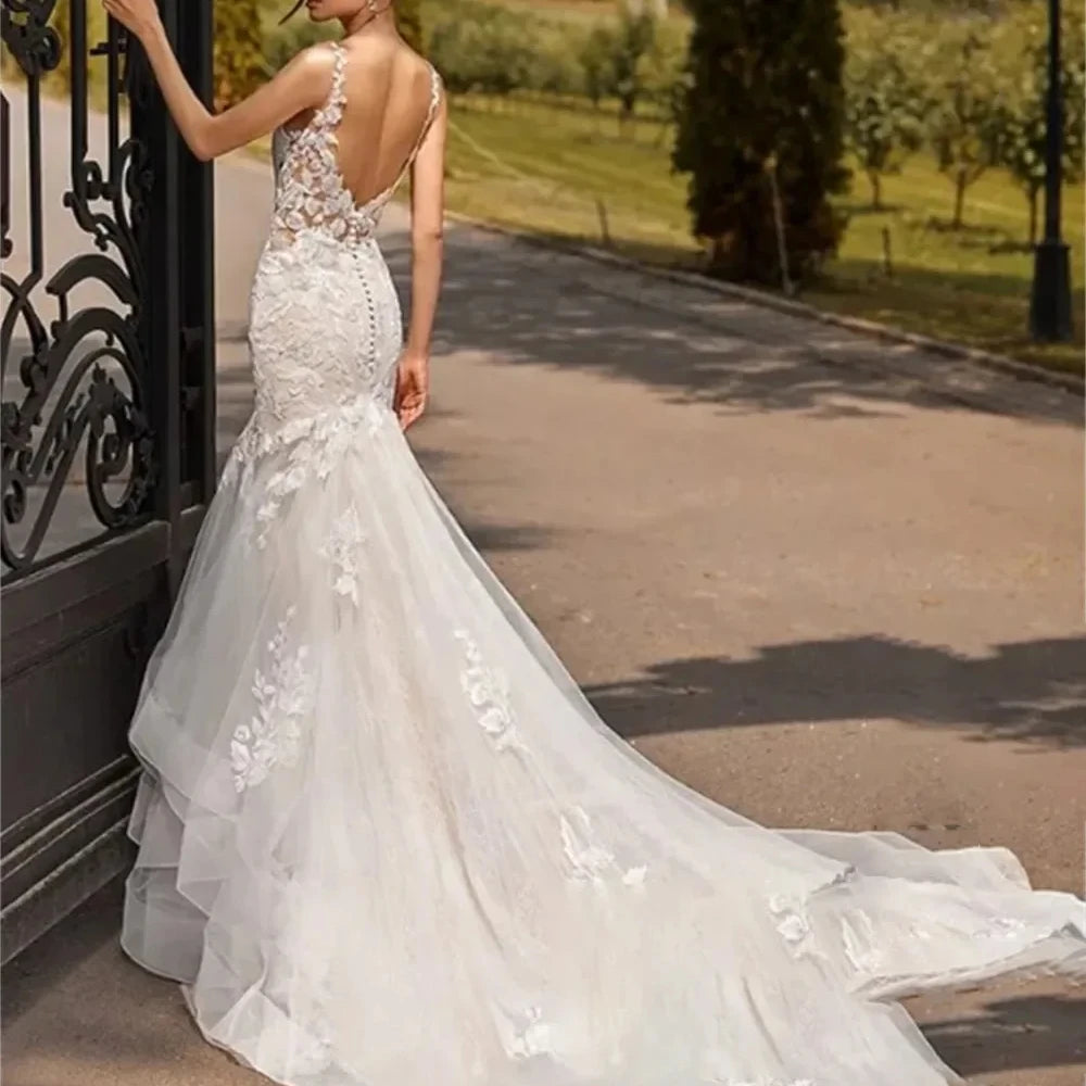 Elegant white tulle wedding dress with halter Sweetheart applique Mermaid floor-length bridal gown vestidos de novia 웨딩드레스