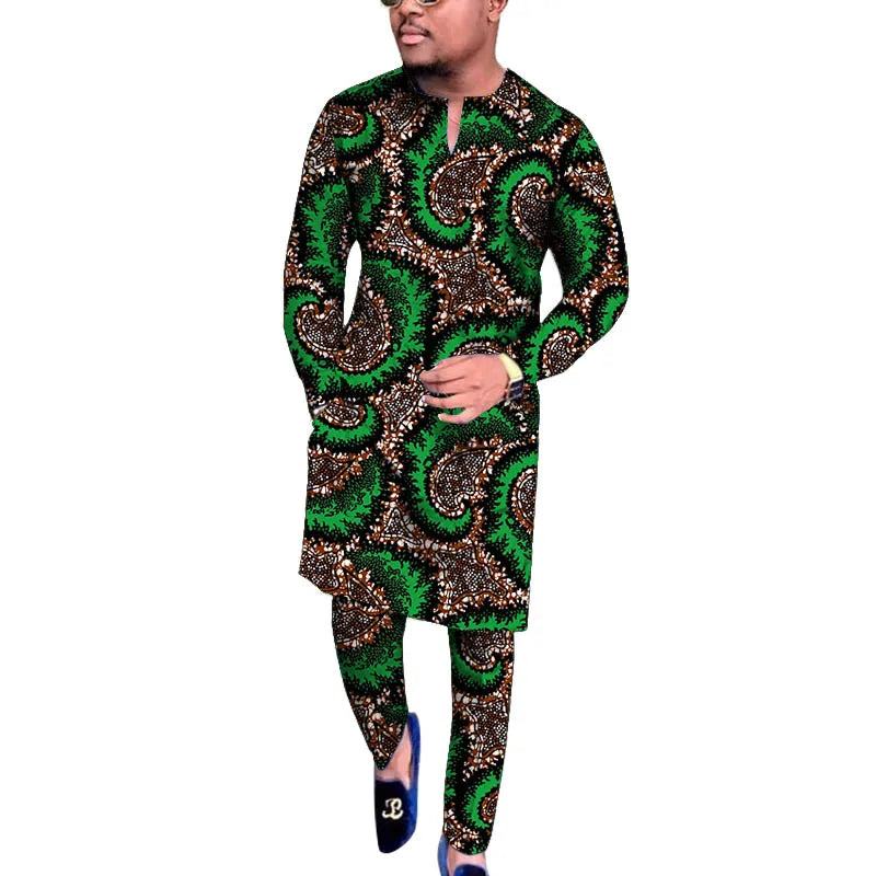 V Neck Design Tops Patch Waist Pants African Print Men's Set Tailored Nigerian Fashion Party Outfits