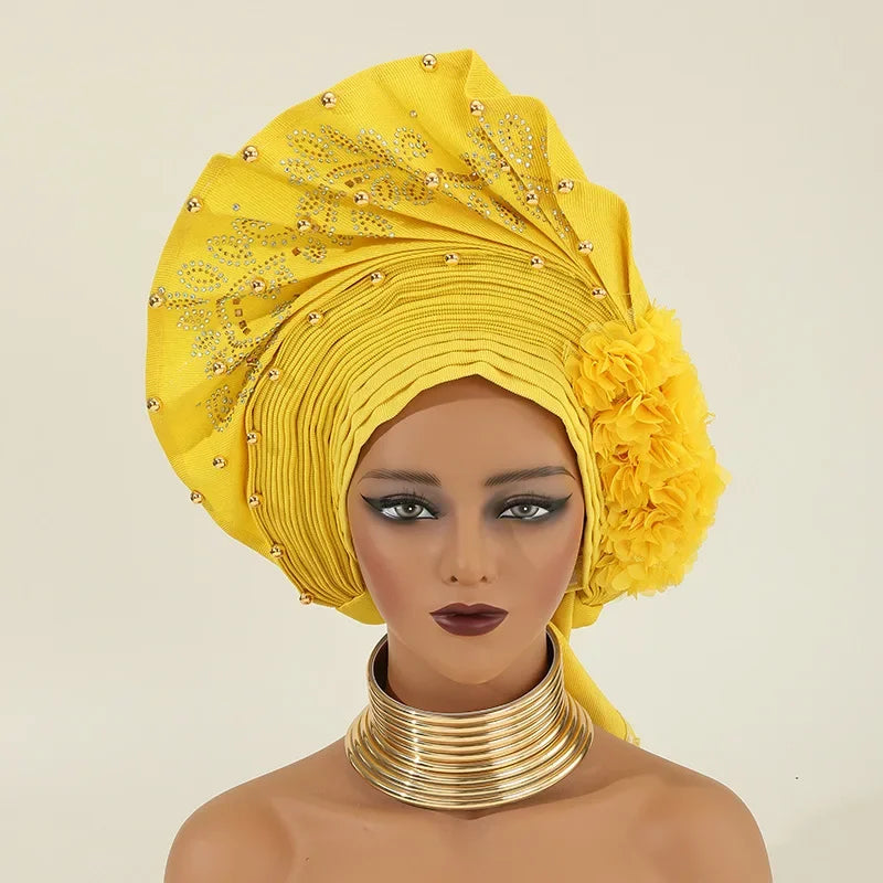 African Auto Gele Headtie Turban Cap for Women Hat Already Made 2025 Aso Oke Wedding Bonnet Head Wrap Bonnet Hijab Flower Beaded
