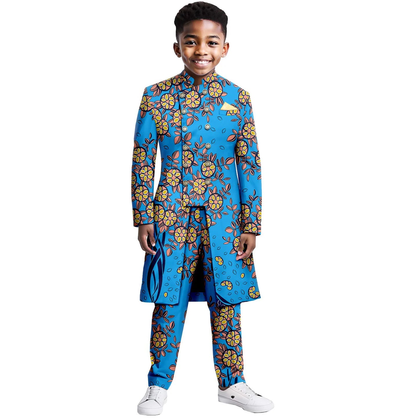 Boys Suits Wedding Tuxedo African Print Ankara Pure Cotton Jacket Pants 2 Piece Set Formal Party Fashion Dress Kids Blazer