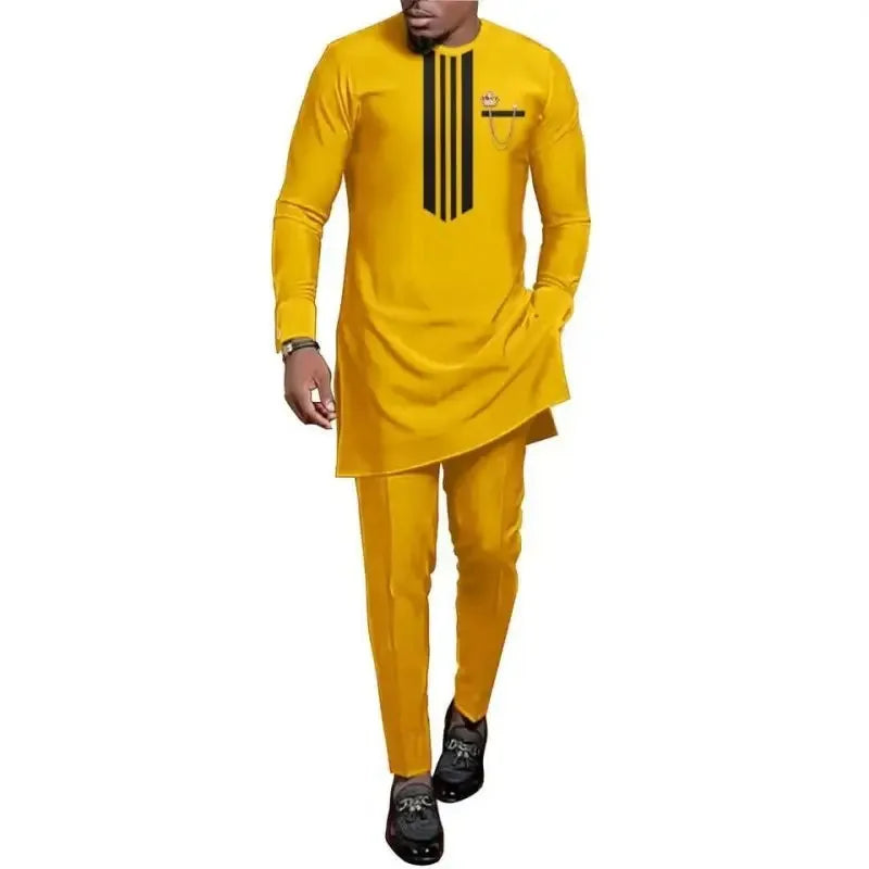 Men African Summer Outfits Stripe Patchwork Shirt Trousers Two Pieces Set Party Festival Wedding Africa Traditional Ethnic Suit