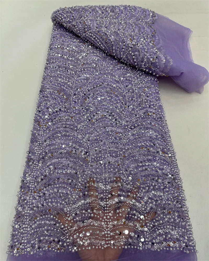Latest Pink African Sequins Lace Fabric High Quality Lace Embroidery Beaded Mesh Fabric 5 Yards For Wedding Party Dress