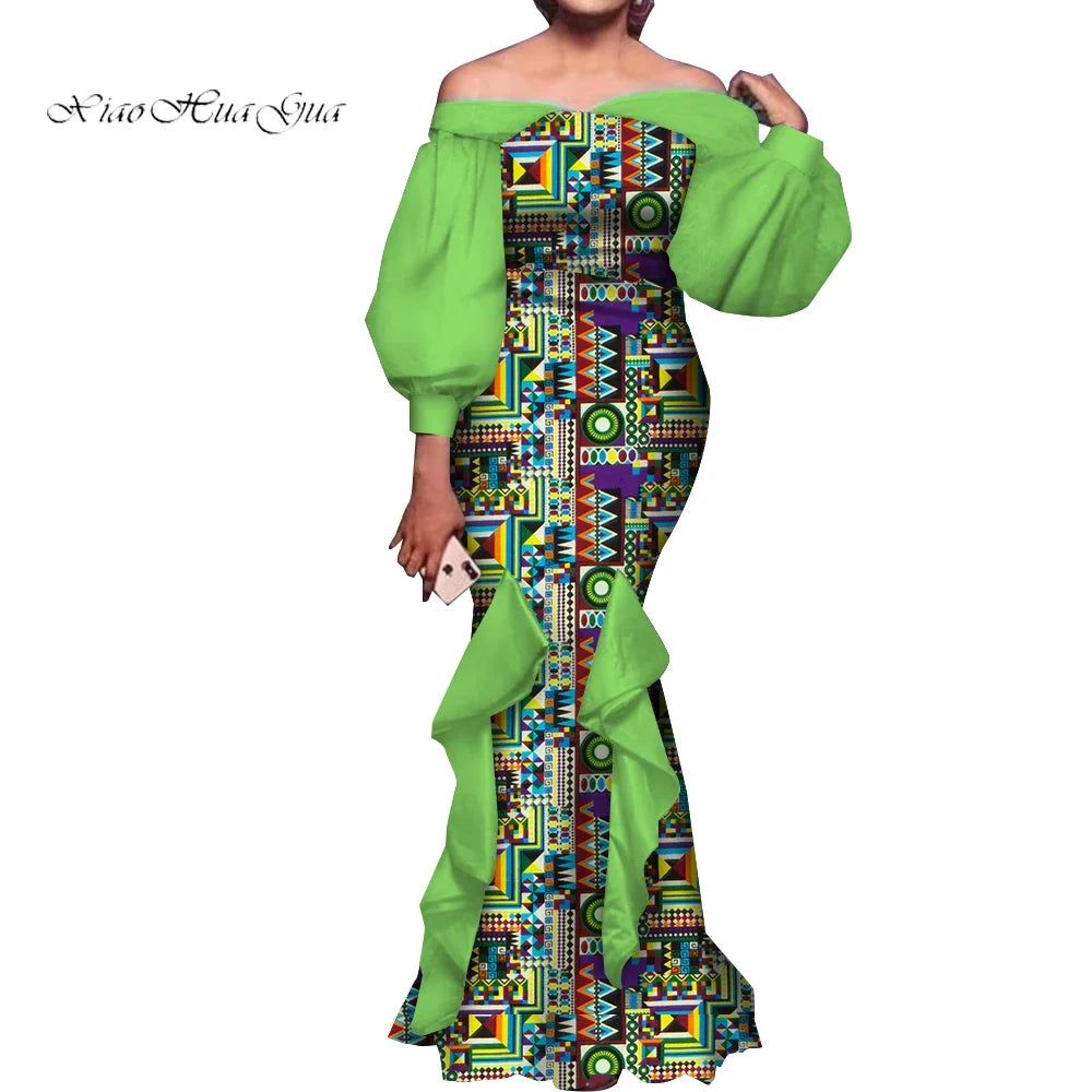 Fashion Women Ankara Dresses Flash Neck Puff Sleeve Long Dress African Dress Robe Africaine Femme Evening Mermaid Dress WY1848