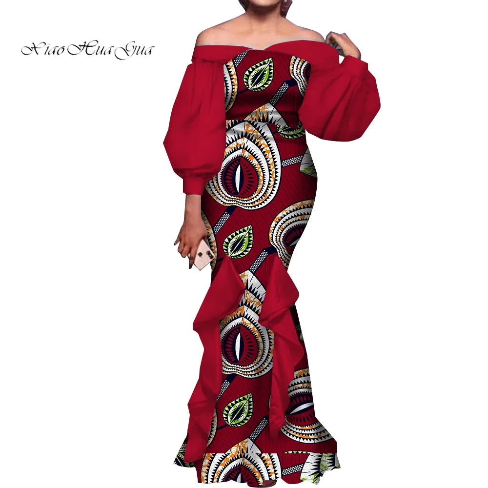 Fashion Women Ankara Dresses Flash Neck Puff Sleeve Long Dress African Dress Robe Africaine Femme Evening Mermaid Dress WY1848