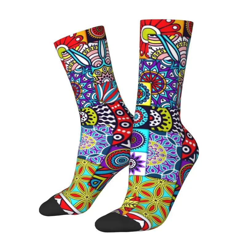 Colorful Ankara Geometric Pattern Socks for Men Women Stretchy Summer Autumn Winter African Ethnic Tribal Art Crew Socks