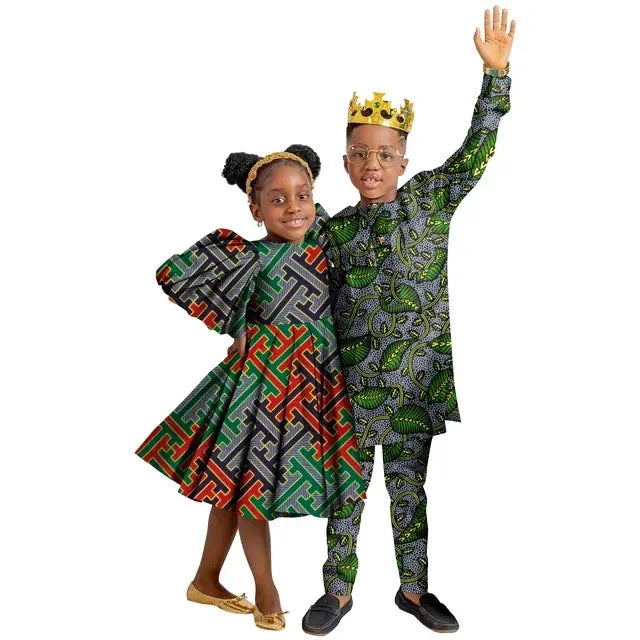 Wedding African Family Matching Outfits for Kids Sister Brother Girls Dress and Boys Pants Set Children Ankara Print Clothing
