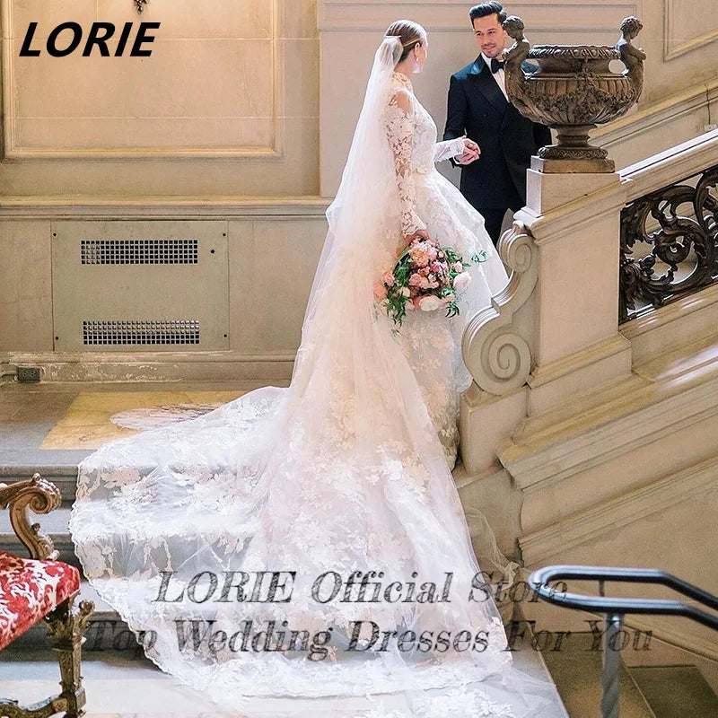 LORIE Vintage Lace High Neck Wedding Dresses Long Sleeves Elegant A-Line Boho Bridal Gowns Ivory Appliques Princess Bride Dress